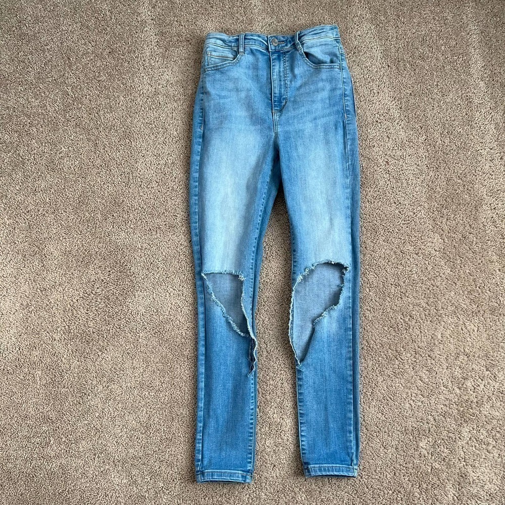 GARAGE Light Wash High Rise Skinny Leg Trashed Ripped Knee Denim Blue Jeans 5